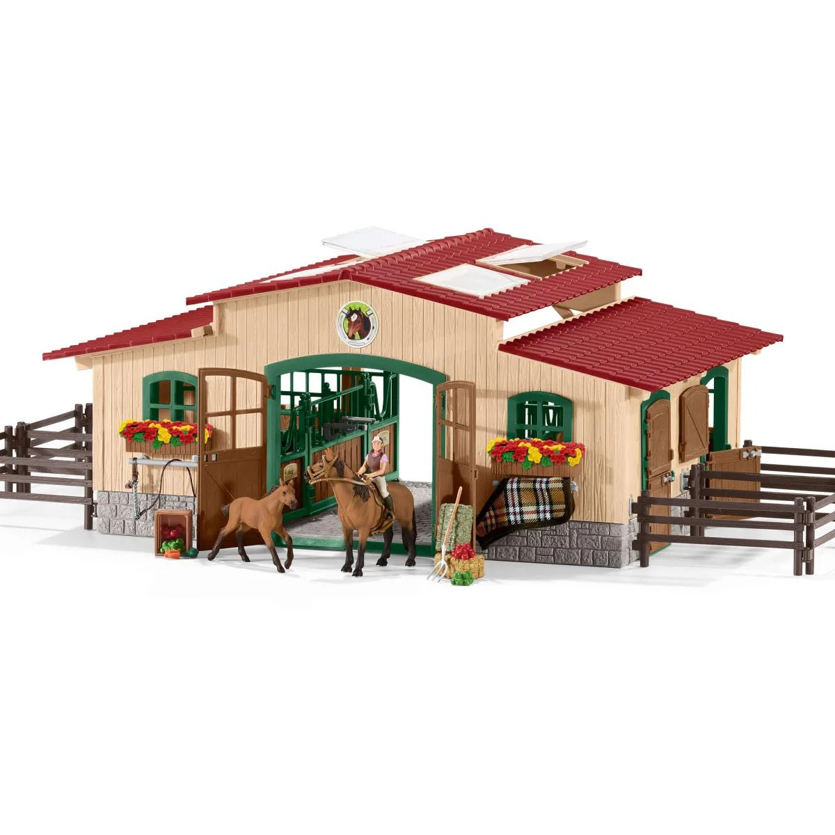 Paardenstal met paarden en toebehoren